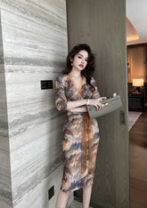 Vintage Print Lace-Up Long Sleeve V-Neck Dress S / Brown